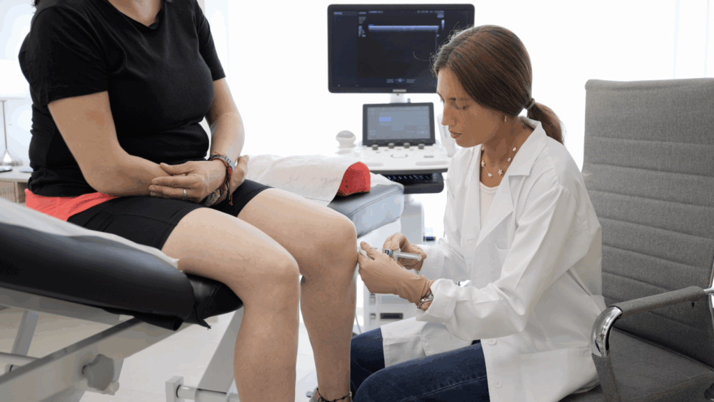 Especialista en traumatología realizando una infiltración en la rodilla de una paciente para tratar el dolor articular.